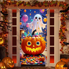 Halloween Door Cover, Funny Ghost Trick or Treat Front Porch Sign Banner, Cute H