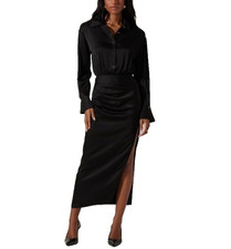 ASTR The Label Elizabello Satin Midi Shirt Dress Black Long Sleeve S Small NEW