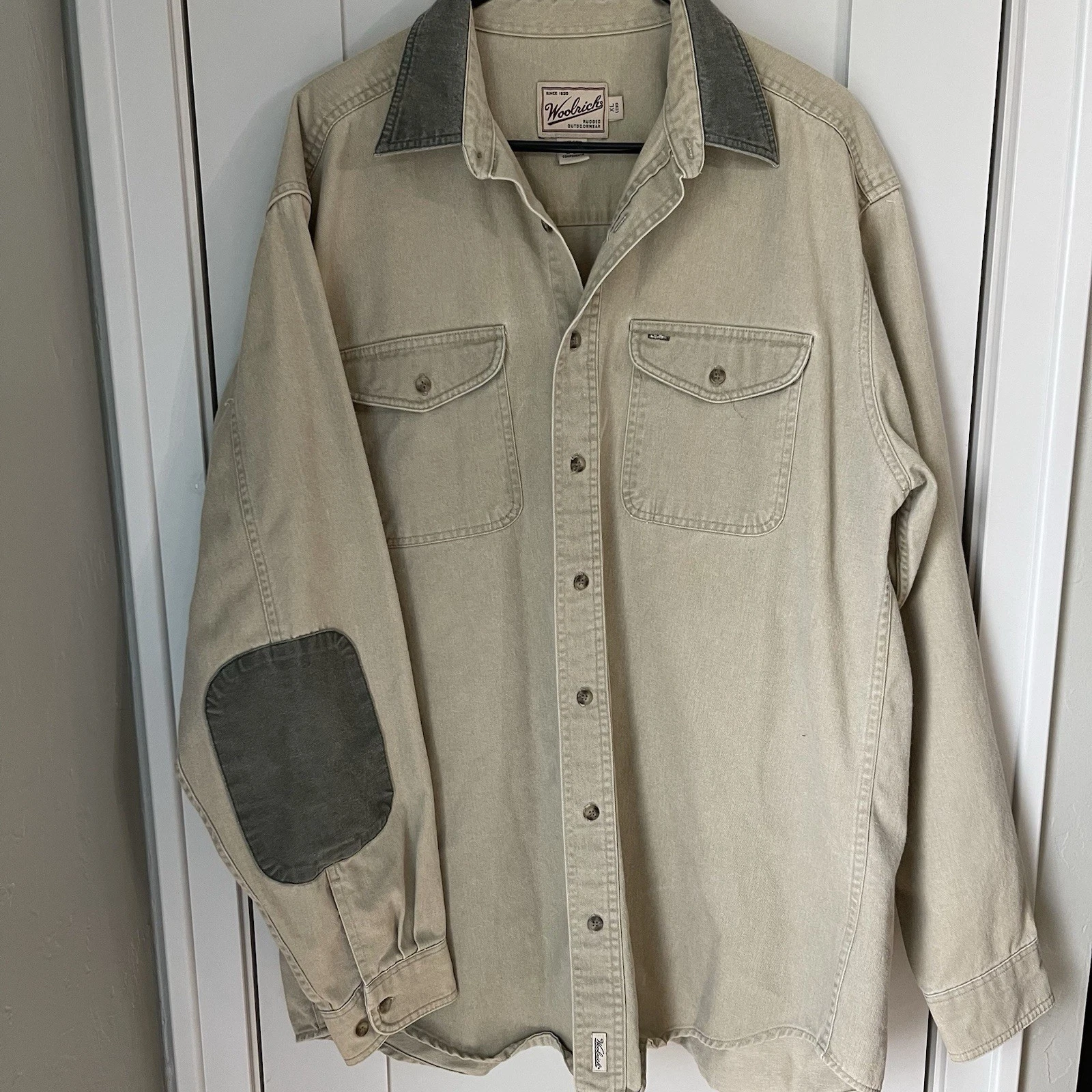 Woolrich Shirt Mens XL Tall Beige Flannel Elbow Patches Vintage Button Down