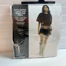 KBW Halloween Costume Cropped T Shirt Womens L/XL Black Rhinestone Fringe Trim