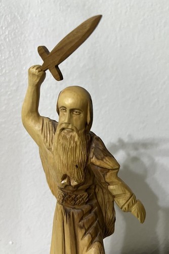 HANDGEFERTIGTE OLIVENHOLZFIGUR ELIA HÄLT SCHWERT 11 ZOLL GROSS HERGESTELLT IN ISRAEL 2004 - Bild 2 von 6
