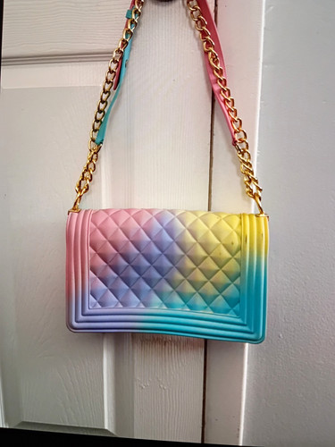 Women’s Small Rectangle Shoulder Bag Rainbow Ombre Multicolor Gold Chain Strap