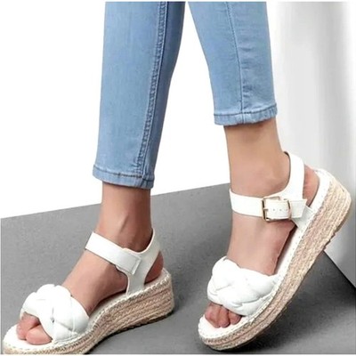 Pretty Little Thing White Platform Espadrille Sandals Size 7 Faux Leather Ankle