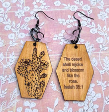 Hardwood Engraved Desert Cactus Dangle Earrin...