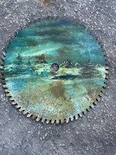 vintage large 24" saw wheel with snowy mt scene painted on it