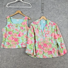 Emma James Women's Blue Floral Print Linen Blend Blazer Tank Top Set Size 16
