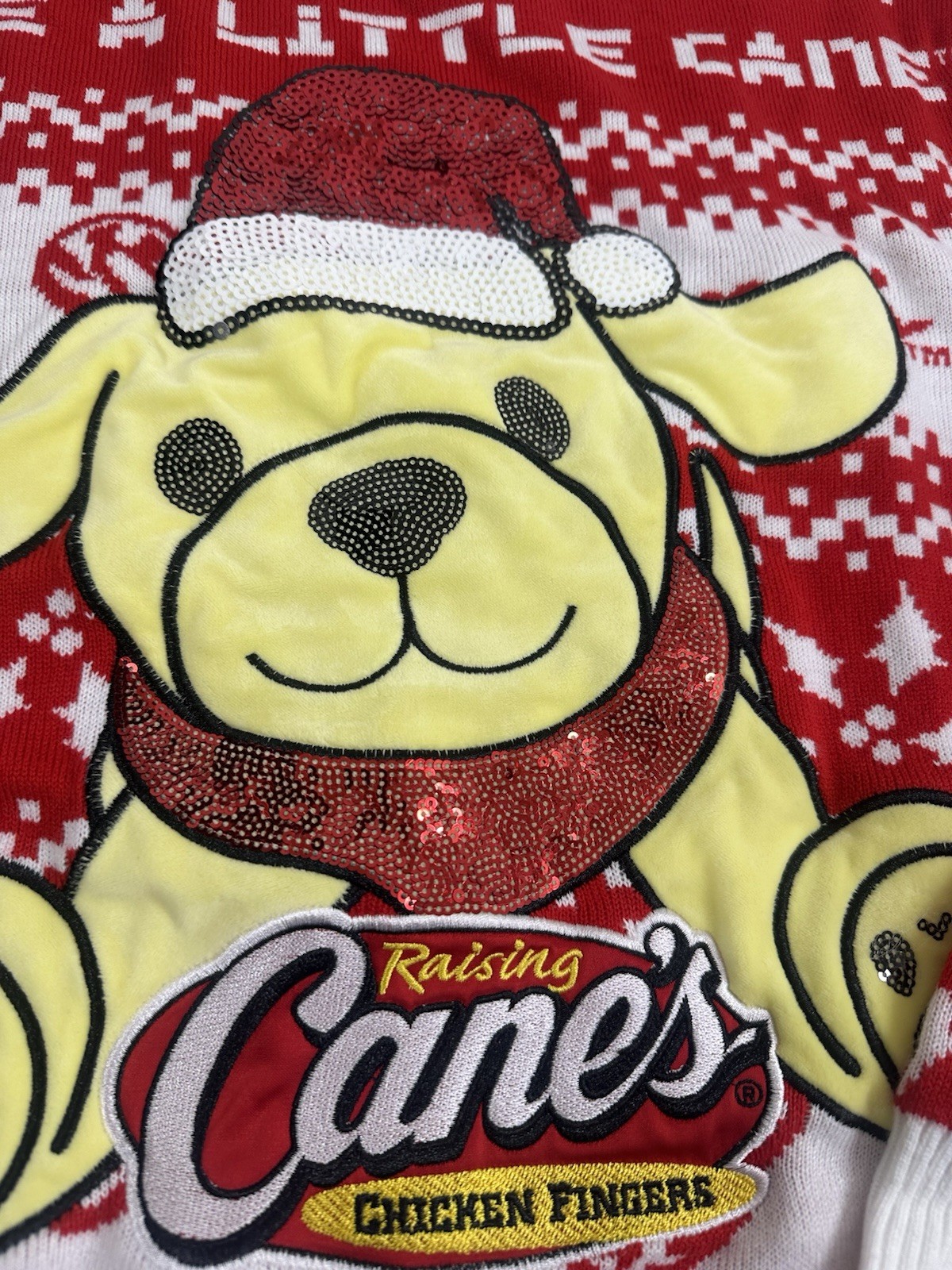 Raising Cane’s Xmas Sweater L Red White Cane Dog Ugly Holiday Jingle Bells 3D