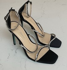 Betsey Johnson SB-Elisa Black Rhinestone Strappy Satin Heels Shoes Size 8.5