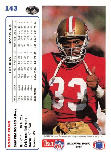 1991 Upper Deck Football Roger Craig San Francisco 49ers #143 - Picture 2 of 2