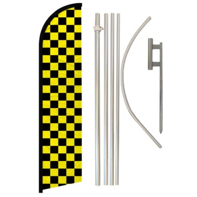 Black &Yellow Checkered Windless Banner Swooper Advertising Flag Pole Kit Racing