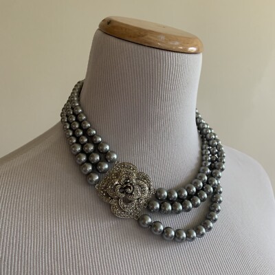LOFT Triple Strand Faux Gray Pearl Necklace w/ Rhinestone Flower NWT 17 
