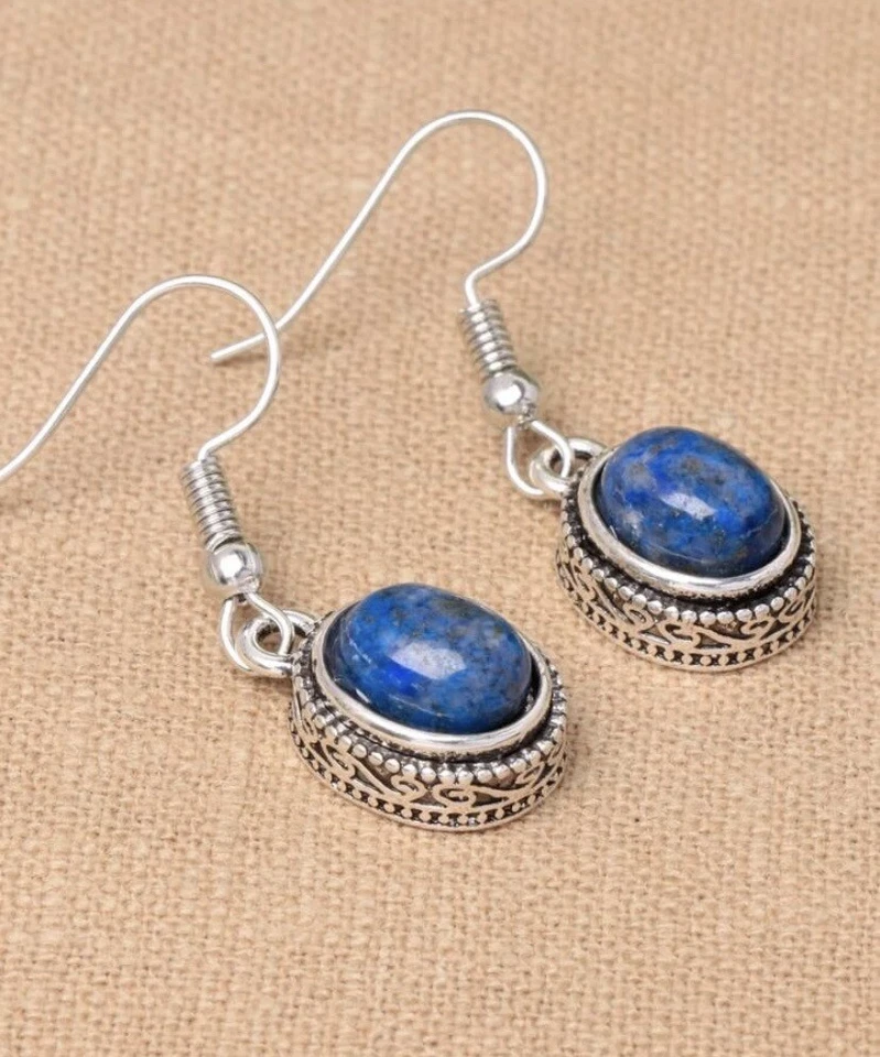 Pendientes colgantes de plata y azul - Pendientes de cristal curativo lapislázuli Foto 3 de 3