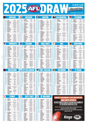 Afl Foxtel Sports Only LAMINATED 2025 AFL FOOTBALL ALL TEAMS MATCH