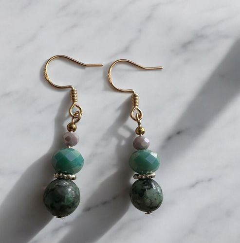 Handmade Earrings with Natural Gemstone African Turquoise and Glass Beads - Picture 3 of 6