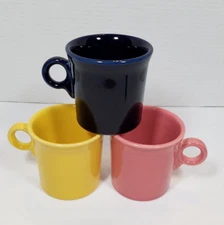 Set Of 3 HLC Fiesta USA O-Ring Handle Ceramic Mugs Pink, Yellow, Cobalt Blue