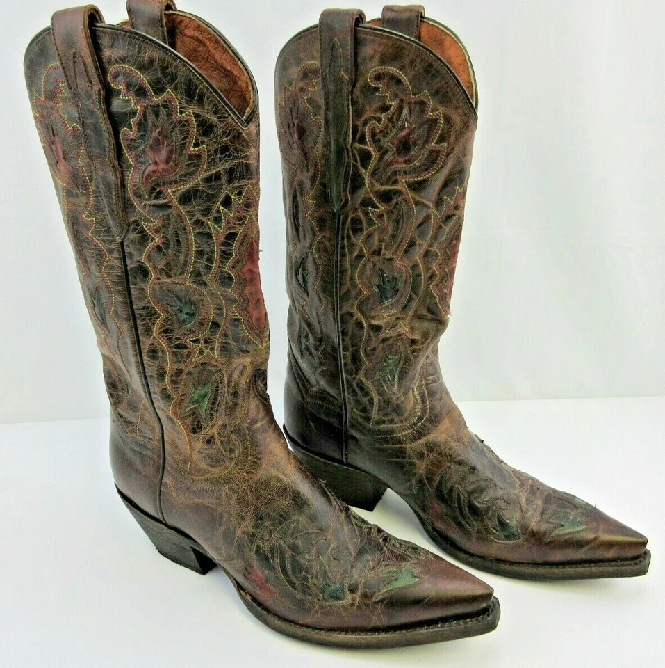 Dan Post Brown Distressed Leather Western Boots, Overlay Design, DP3411, 7 1/2 M - Image 4 of 4