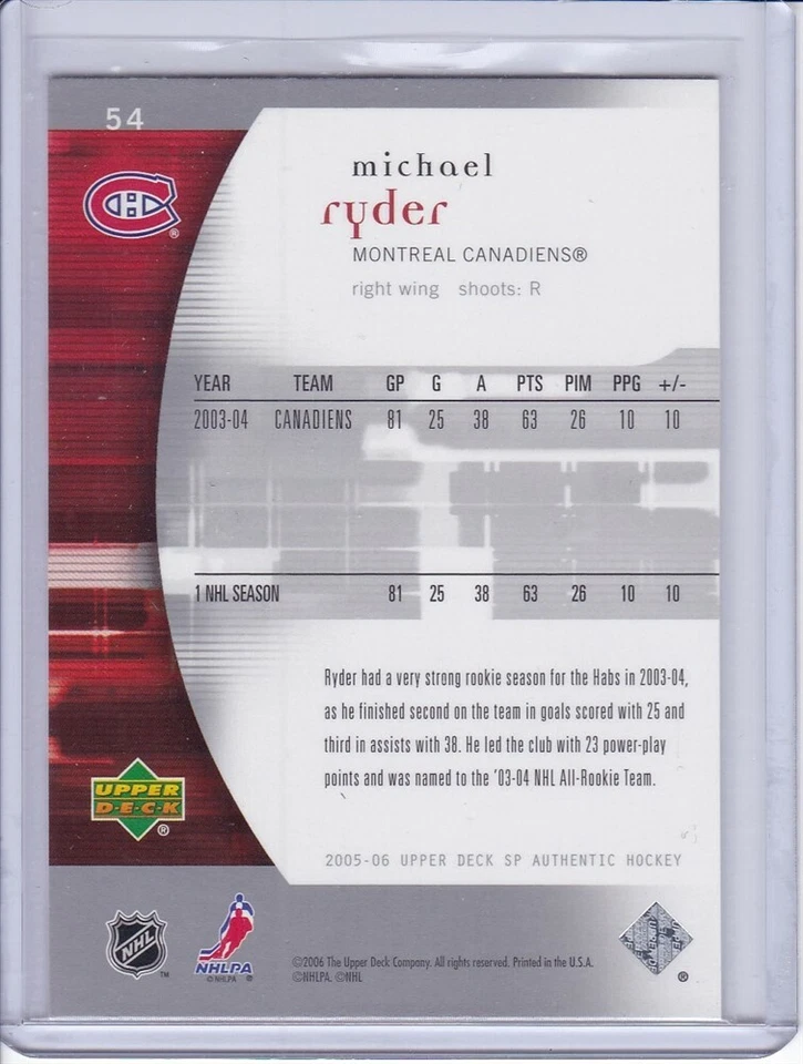 Michael Ryder 2005 SP Authentic Hockey Card 54 Grade MT - Image 2 of 2