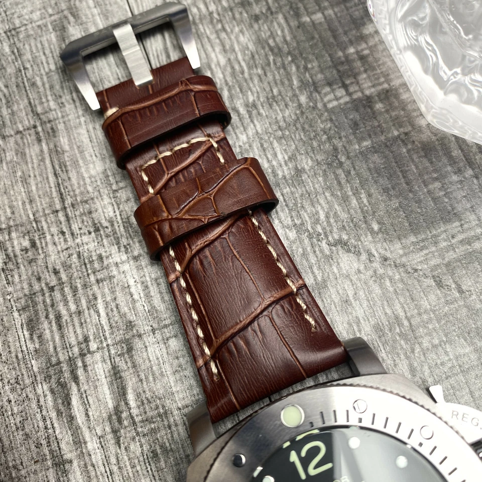 Pour Officine Panerai Luminor Marina 24mm Veau Brun Bracelet Montre Cuir Bande - Photo 3/4
