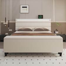Linen Full Queen LED Bed Frame with Multifunctional Storage  Charging Station