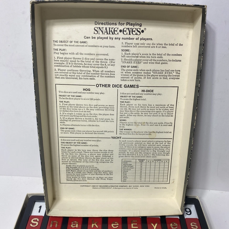 1968 SNAKE EYES A CASINO GAME COMPLETE SELCHOW & RIGHTER - Image 4 of 4