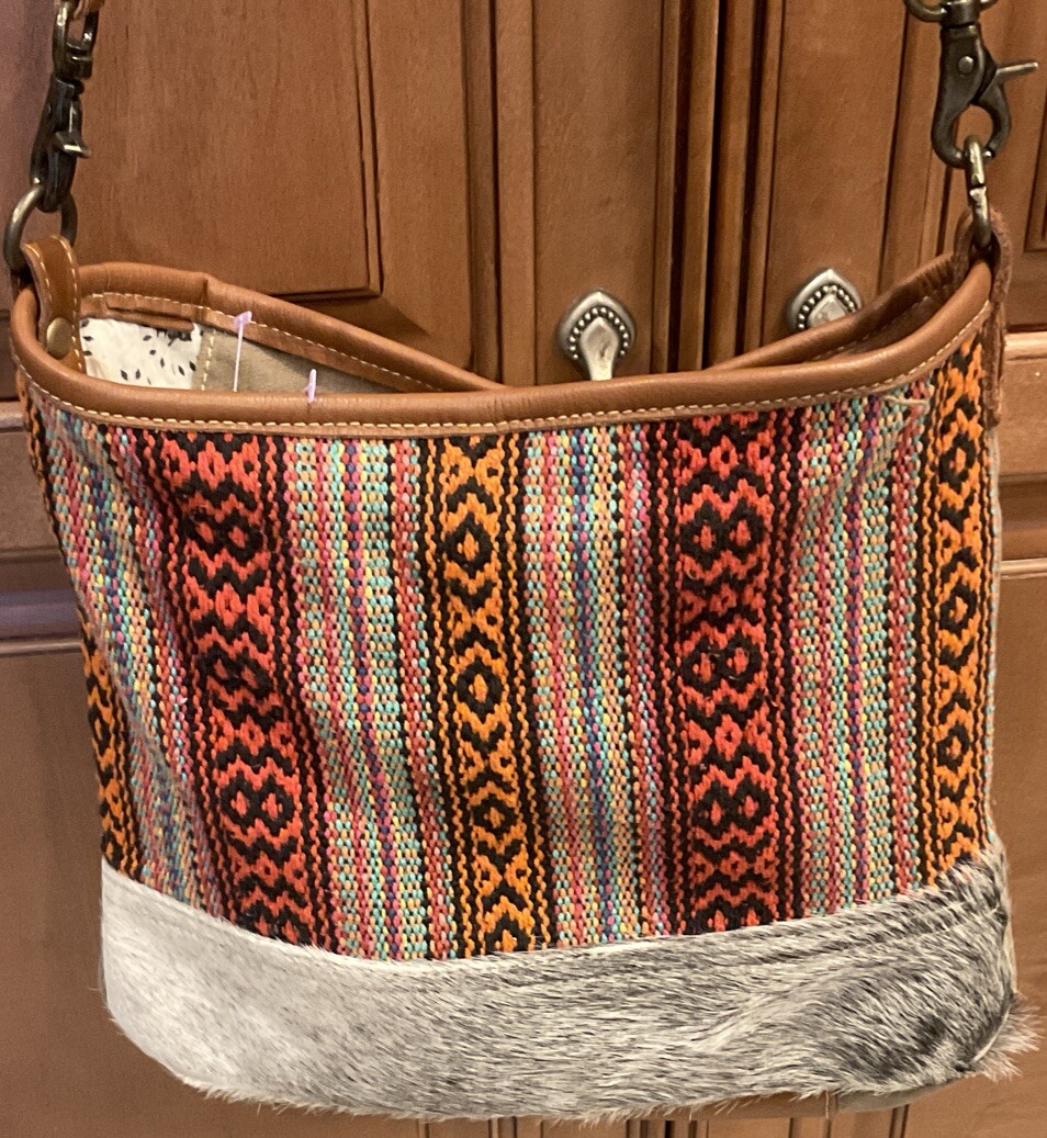 Myra Boho Handbag Crossbody Leather Bag Purse Tapestry & Faux Fur Canvas