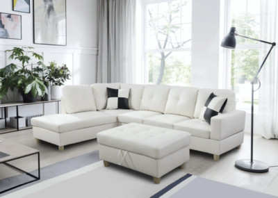 NEW Modern White Contemporary Sectional Set with Storage Ottoman & 2 Pillows