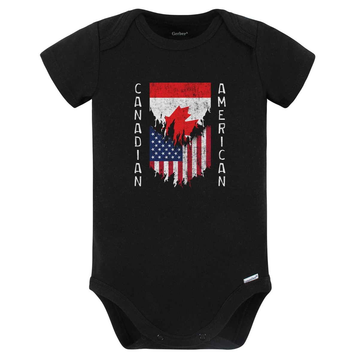 Canadian American Flags Ripped Torn Canada Baby Bodysuit (Black)