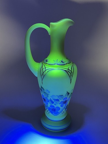 Fenton Hand Painted Flowers Burmese Ewer / Pitcher Signed Glows - Picture 8 of 9