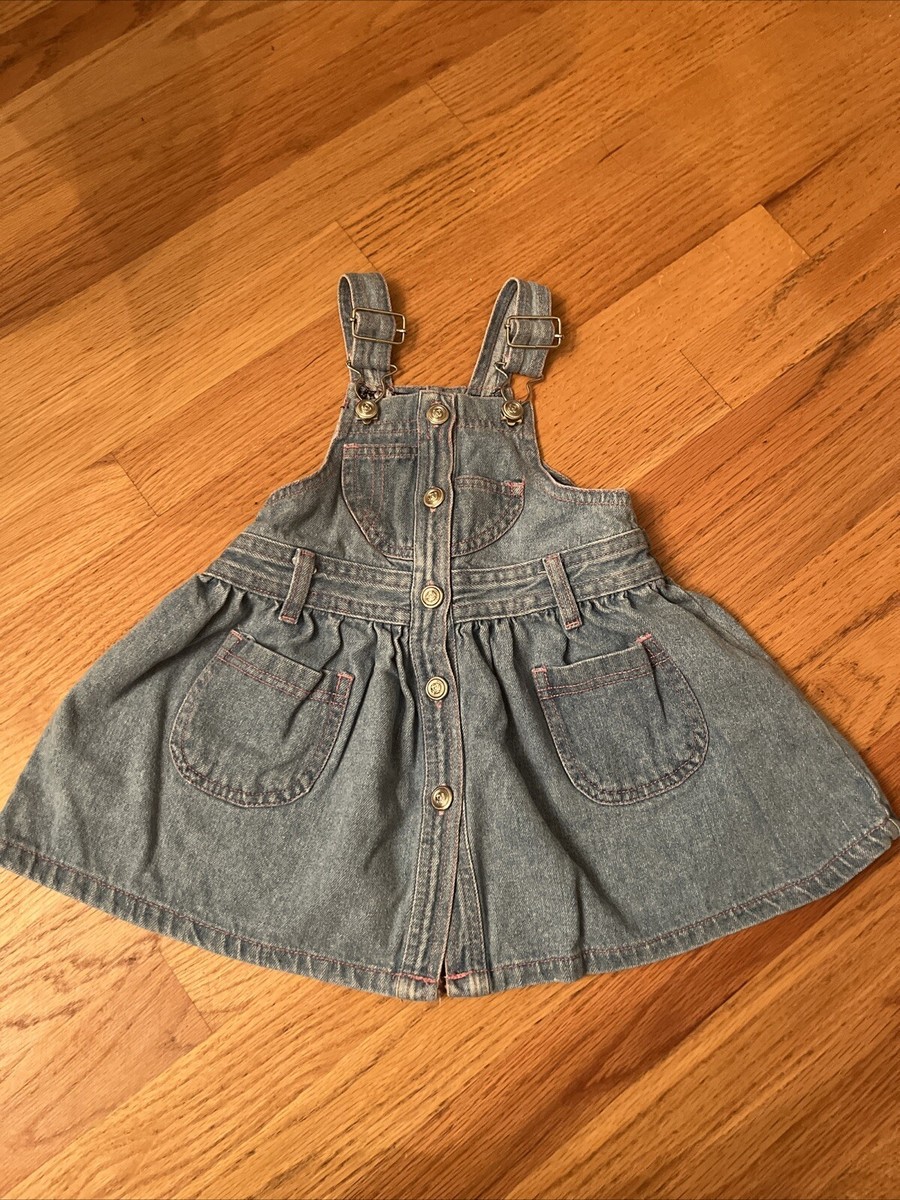 VTG Jet Set Denim Overall Skirt Baby Girl Toddler Size 2T Pink Stitches