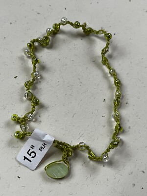 Stretchy Light Green Braided Cord w Clear & Green Bead & Small Oval Pendant Hipp