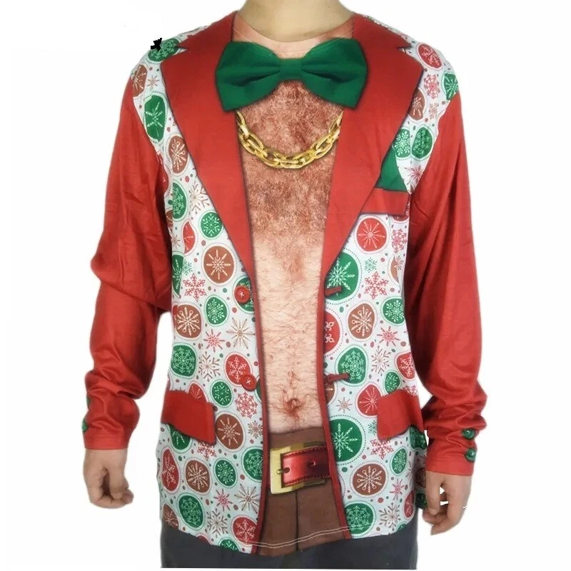 Funny Christmas Santa Suit Fake Tuxedo Long Sleeve Tshirt for Men
