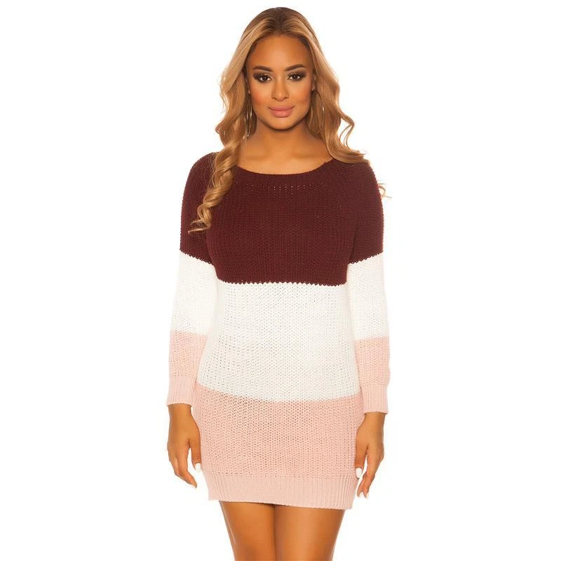 Kurzes Damen Langarm Strickkleid mit Blockstreifen Bordeaux 34/36/38 #MK2853 - Bild 2 von 4