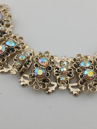 MID-CENTURY MODERN gold tone AB stones open work designs panels bracelet - Picture 10 of 16
