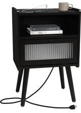 Mid Century Modern Nightstand with Charging Station, Bedside Tables with Glas...