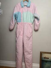Vintage 80s Ski Suit Pastel Pink Blue Snowsuit One Piece Retro Festival UK 12