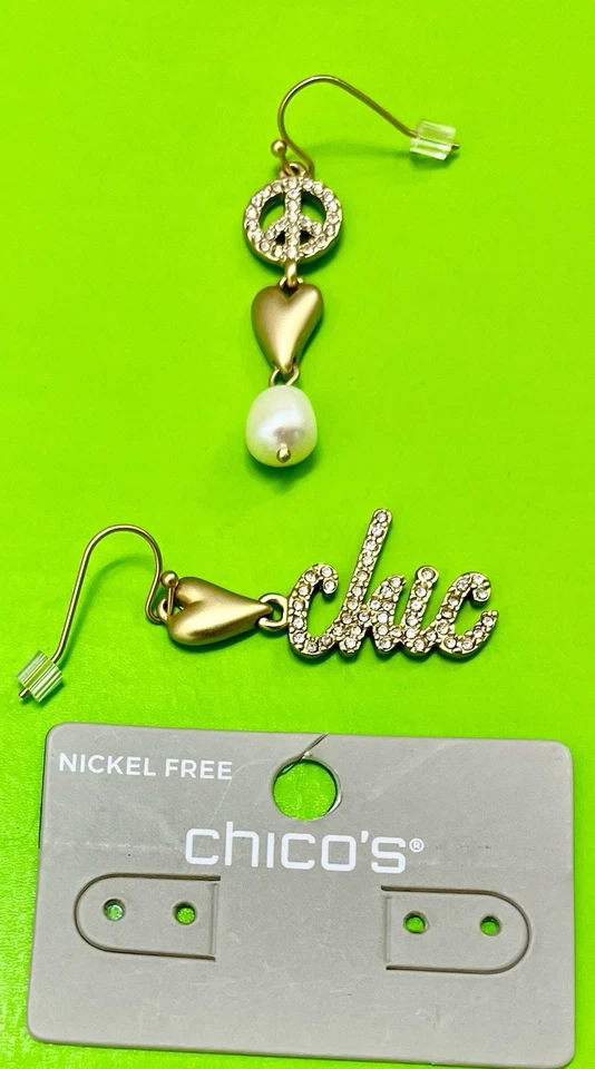 Chico’s Women Chic Peace Sign Heart Earrings - NEW - Gold Tone - Nickel Free - - Image 3 of 4