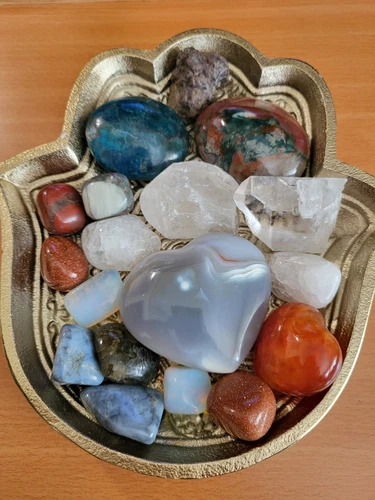 Heavy Metal Hamsa Tray With Agate Heart OJ Palm Tumbles Prophecy Stone Quartz 