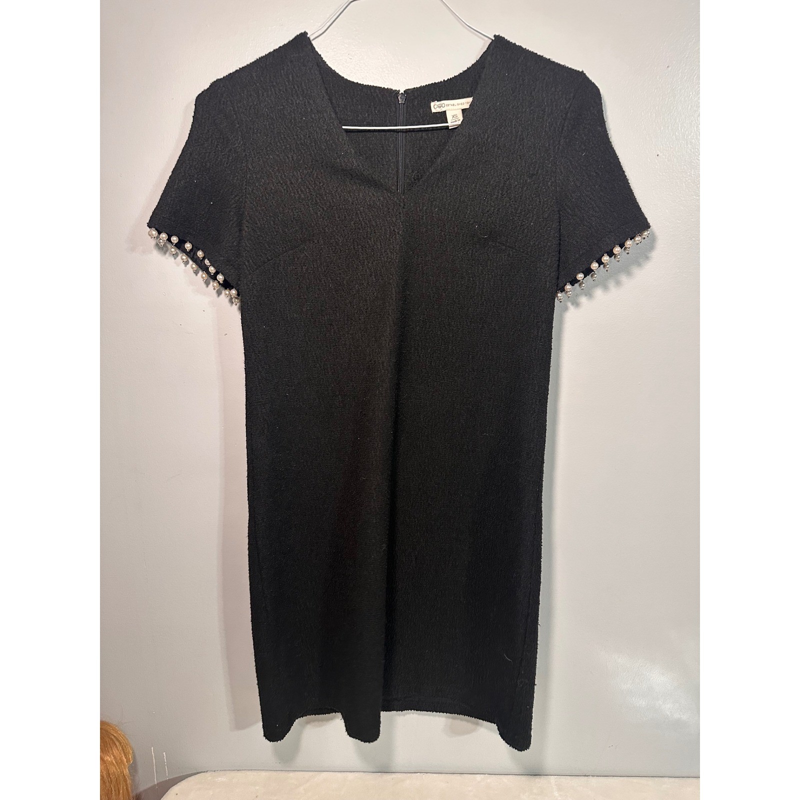 Cato Black Textured Shift Dress V-Neck Pearl Trim Short Sleeve Womens XS