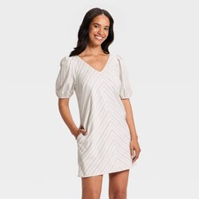 Women's Puff Sleeve Mini A-Line Dress - A New Day Cream Striped