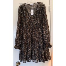 Baltic Born Floral V-Neck Mini Dress XL Brown Long Sleeve Ruffle Tiered NWT