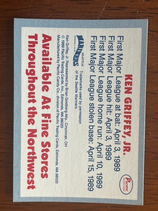 1989 PACIFIC KEN GRIFFY JR MILK CHOCOLATE BAR PROMO ROOKIE RC CARD BLUE view 2