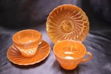 Vintage Fire King Peach Lustre Swirl 2 Cups & Saucers Anchor Hocking Scallop