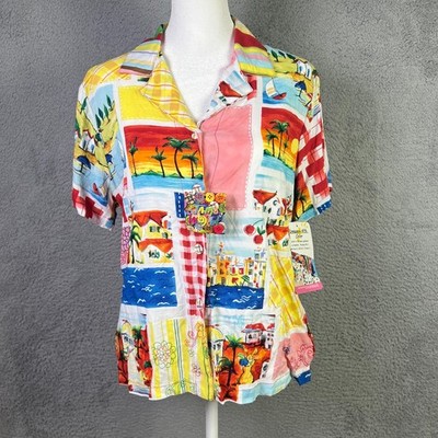 NWT Jams World Blouse Women S Multicolor Seas Beach Vacation Travel Button Rayon