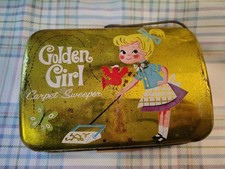 Golden Girl Vintage Tin Carpet Sweeper Toy with Handle and Brush