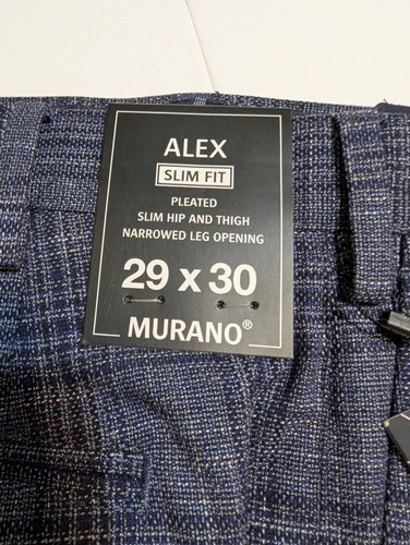 Pantalones de vestir a cuadros azules plisados 29 x 30 calce ajustado Murano Alex nuevos con etiquetas - Imagen 14 de 17