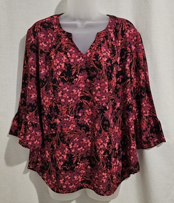 Roz & Ali TOP sz PXL, pink purple black floral, 3/4 bell sleeve, notch v-neck