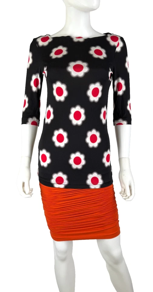 Blusa Top Vestido Prada Auténtica 4 US 40 IT S Negra Roja Elastizada 100% Seda Floral Foto 3 de 4