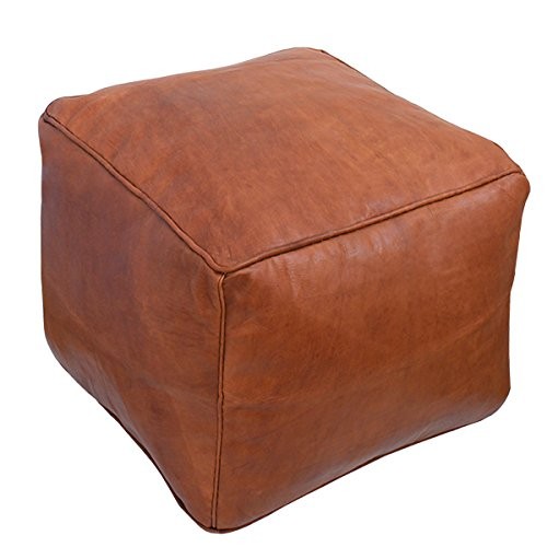 Moroccan Square Leather Pouf - Tan