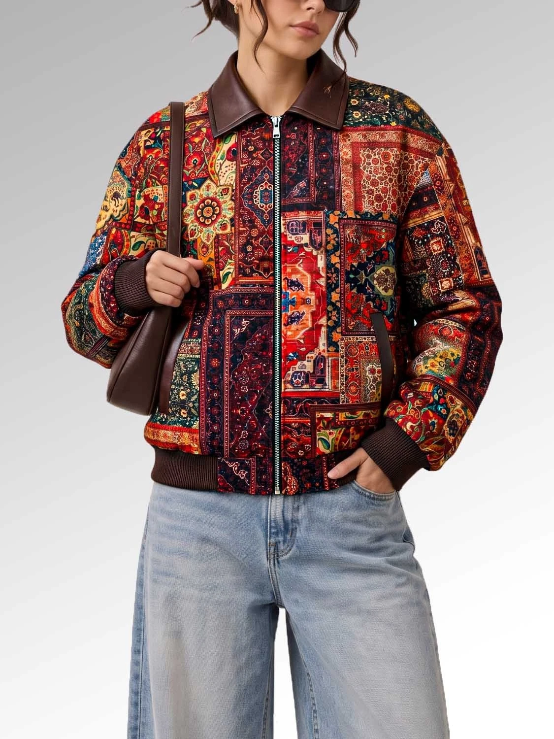 Vintage Persian Rug Patchwork Bomber Jacket Men Women Multicolor Printed Zip-Up - product detail image 2