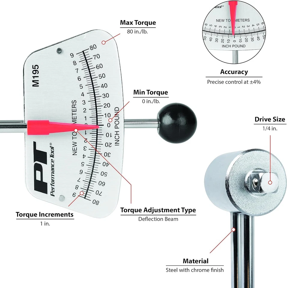 PERFORMANCE TOOL TORQUE WRENCH TOOL 1/4 IN DRIVE, 0-80 IN/LBS SAE & METRIC M195 - Image 3 of 3